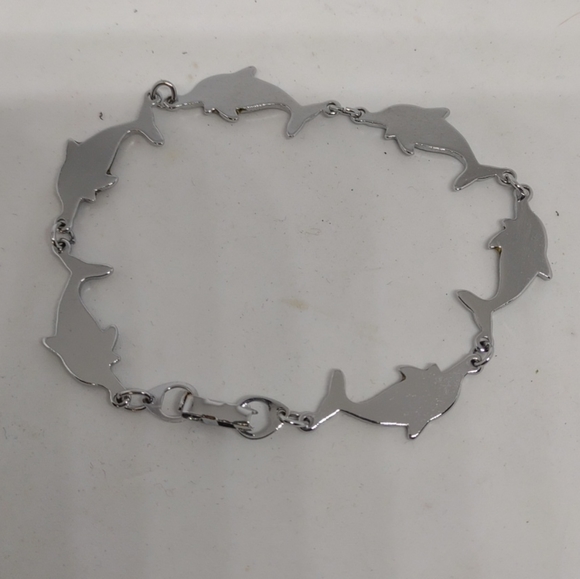 Silvertone Multi Link 7" Bracelet Paua Shell Blue & Greens Dolphins Fold over - Picture 3 of 5